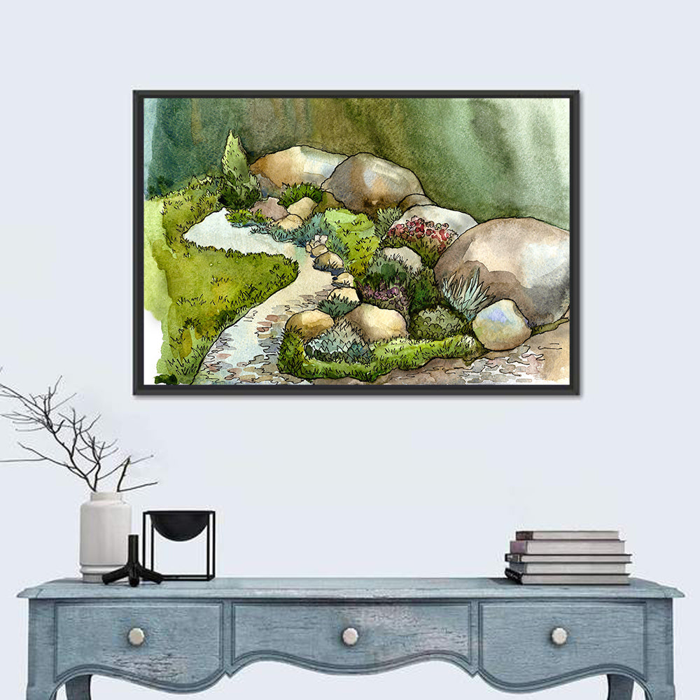 Watercolor Rock Garden Stream Wall Art in a room, landscape