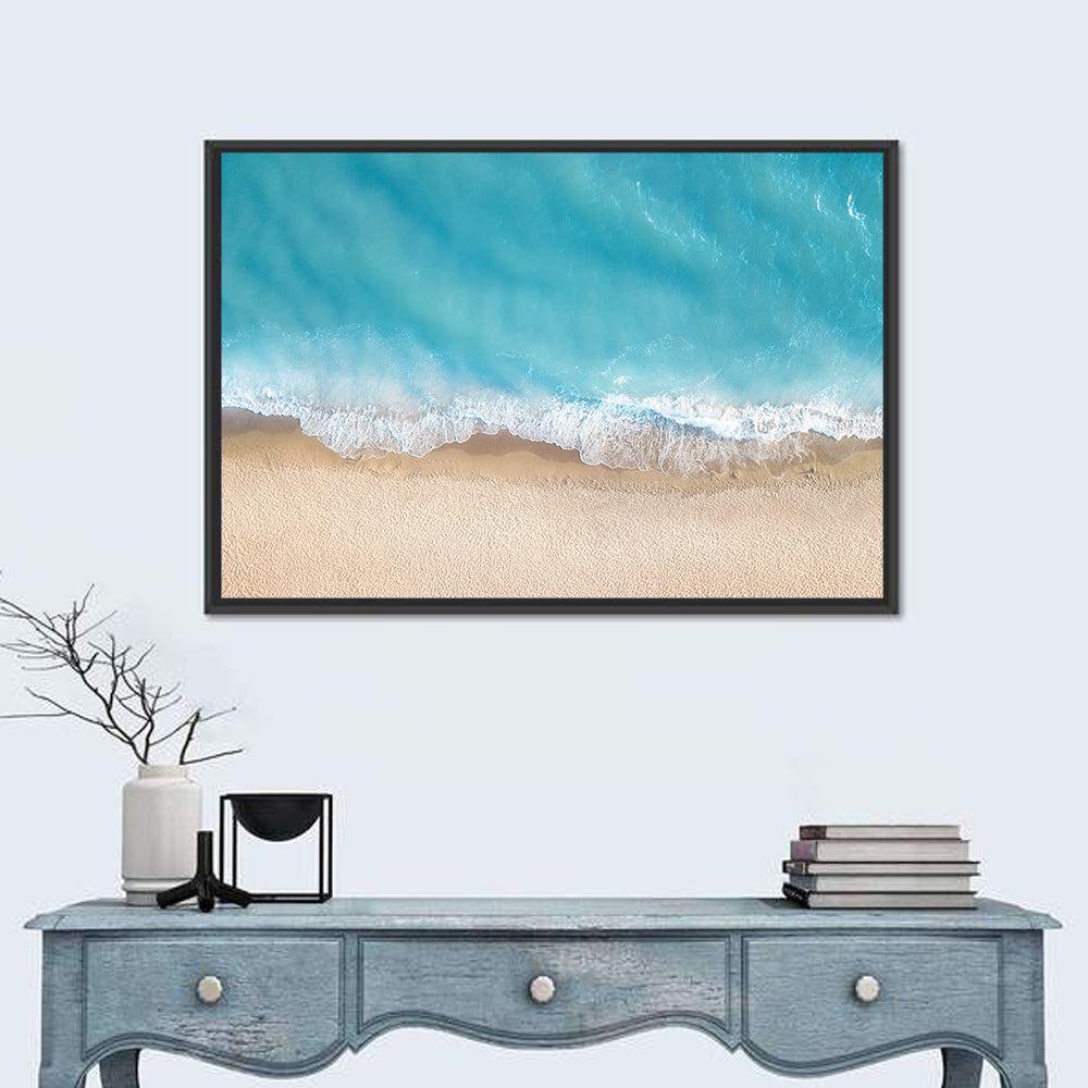 Top-down Turquoise Beachscape Wall Art in a room, landscape