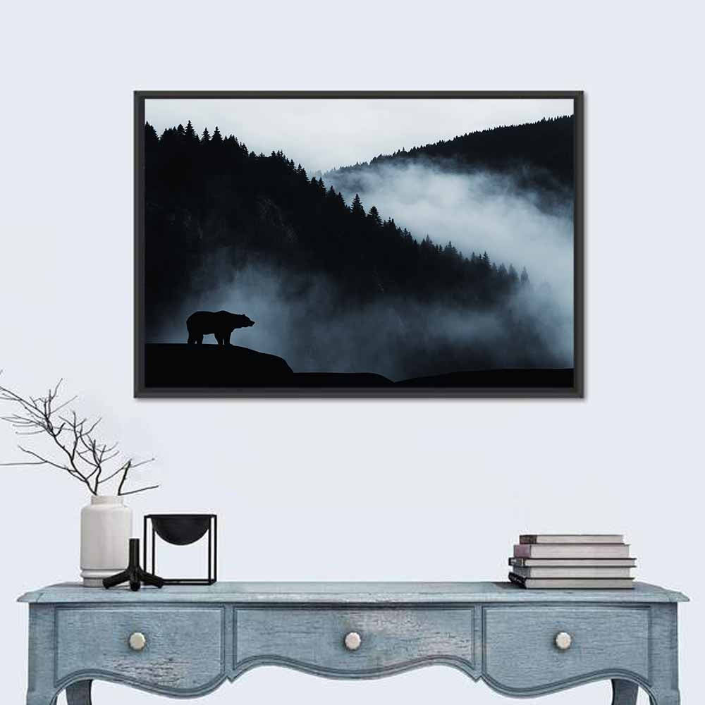 Bear Silhouette on Misty Cliff Wall Art in a room, landscape