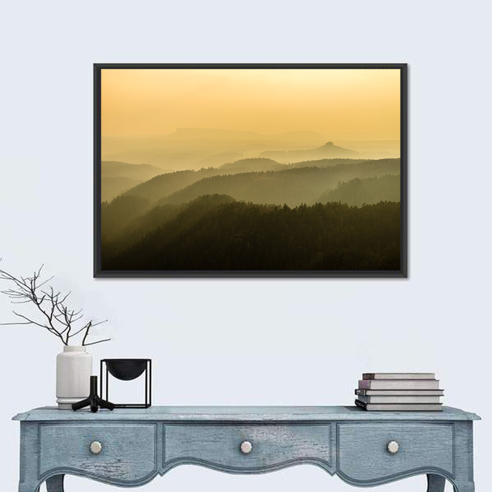 Misty Golden Ridge Landscape Wall Art in a room, landscape