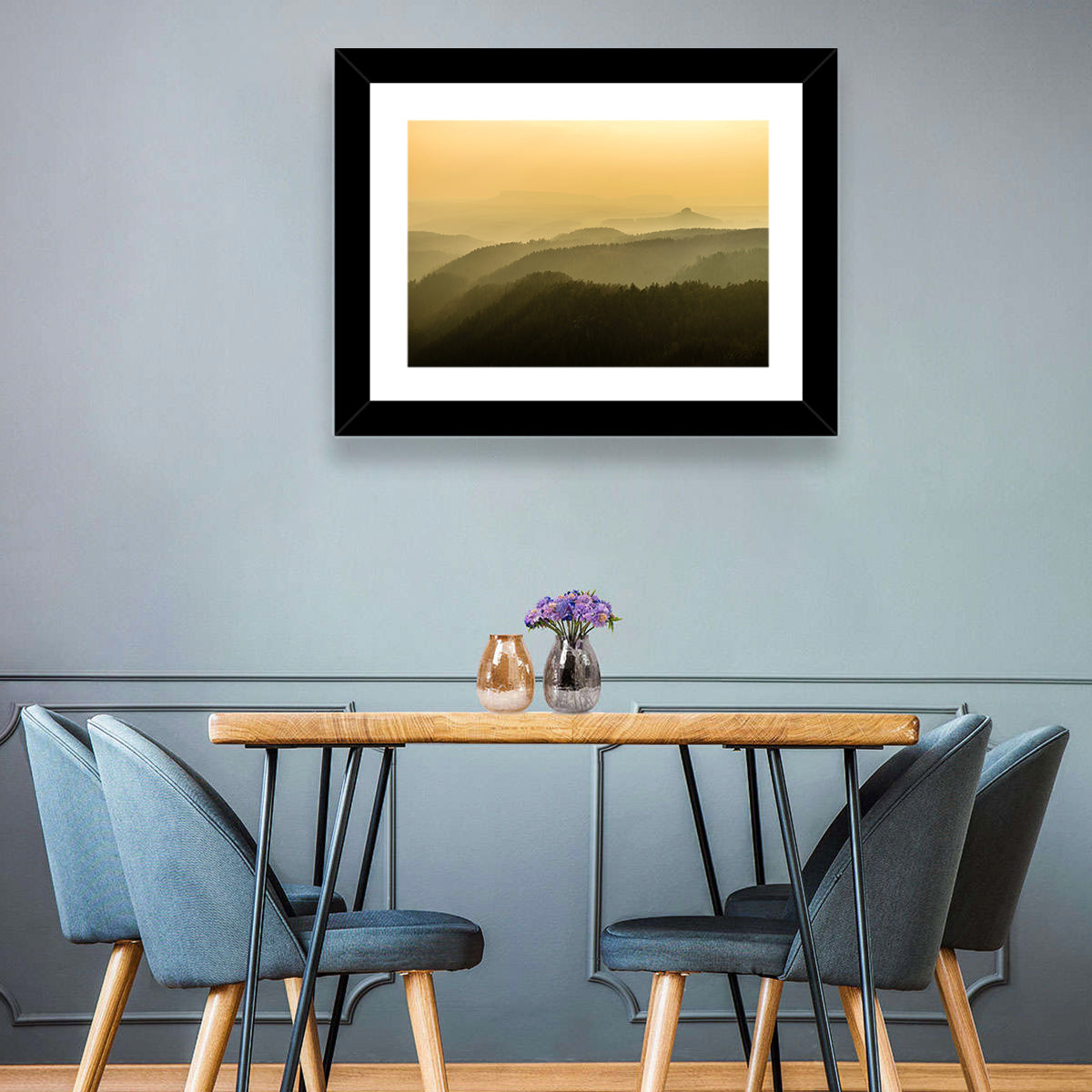 Misty Golden Ridge Landscape Wall Art in a room, landscape