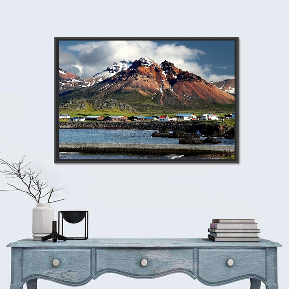 East Fjords Harbor Village Wall Art in a room, landscape