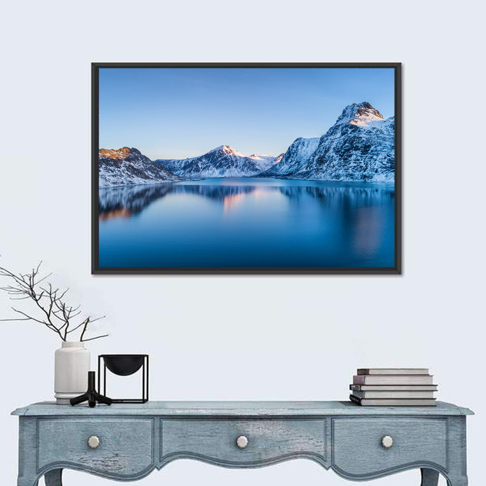 Snowy Lofoten Reflection Wall Art in a room, landscape