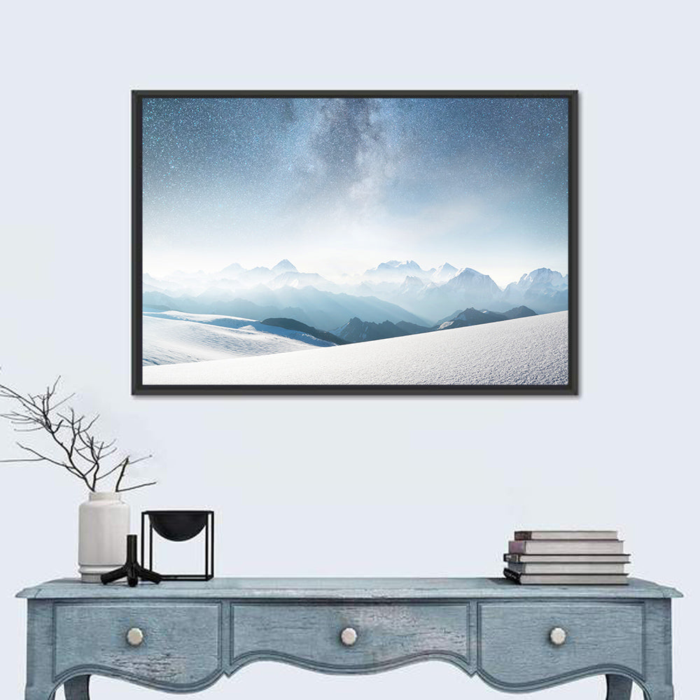 Starry Milky Way Over Snowy Peaks Wall Art in a room, landscape