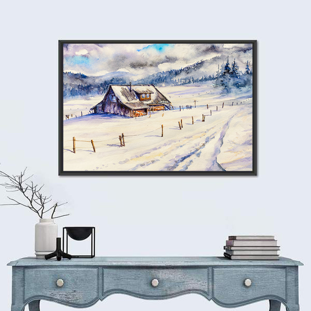Snowy Mountain Cabin Landscape Wall Art