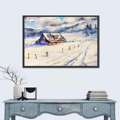 Snowy Mountain Cabin Landscape Wall Art