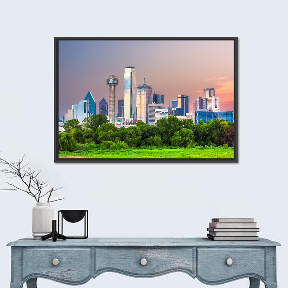 Dallas Golden Hour Skyline Wall Art in a room, landscape