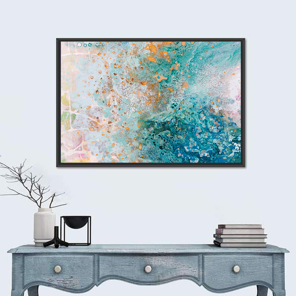 Teal Water Drops Abstract Wall Art in a room, landscape