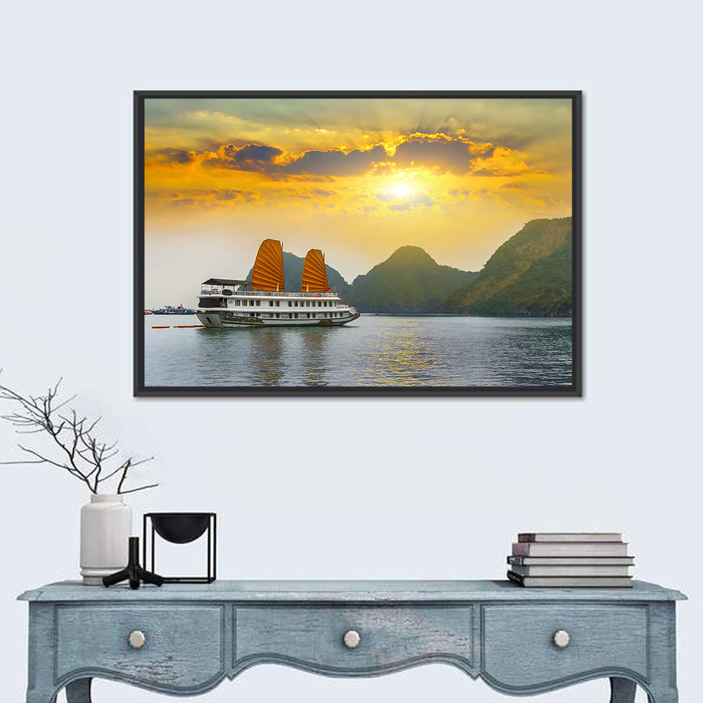 Ha Long Bay Sunset with Orange Sails Wall Art in a room, landscape