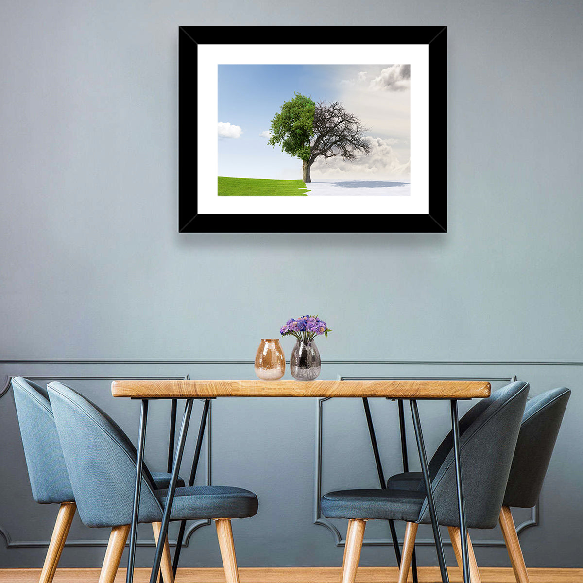 Summer to Winter Split Tree Wall Art in a room, landscape