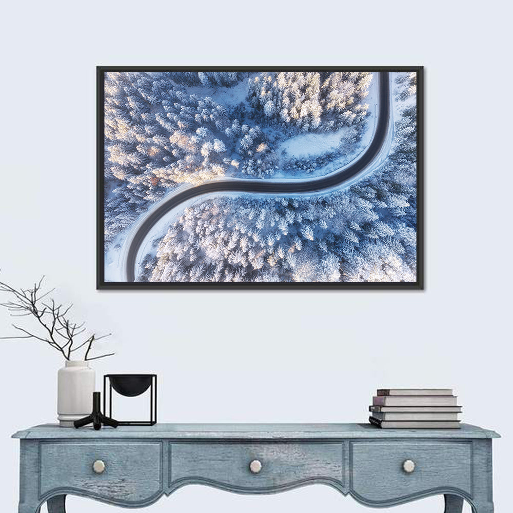 Winding Snow-covered Forest Road Wall Art in a room, landscape