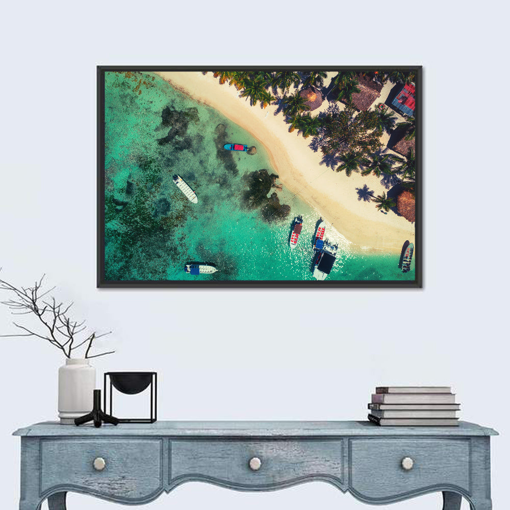 Aerial Tropical Shoreline with Six Boats Wall Art in a room, landscape