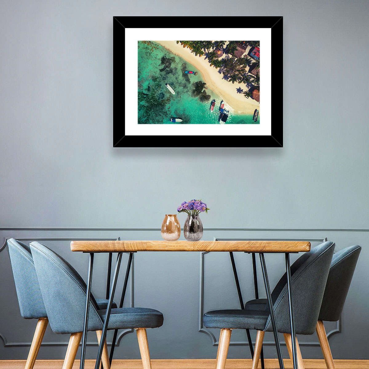 Aerial Tropical Shoreline with Six Boats Wall Art