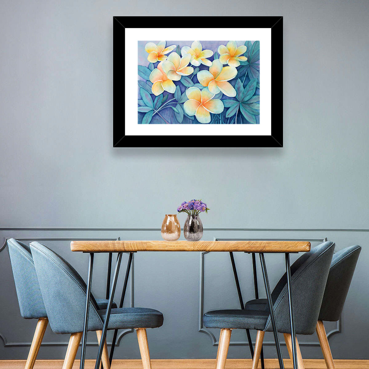 Watercolor Frangipani Cluster Wall Art in a room, landscape
