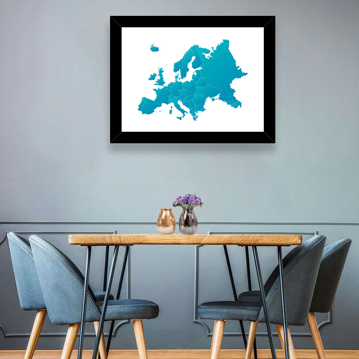 Teal Gradient Europe Map Wall Art in a room, landscape