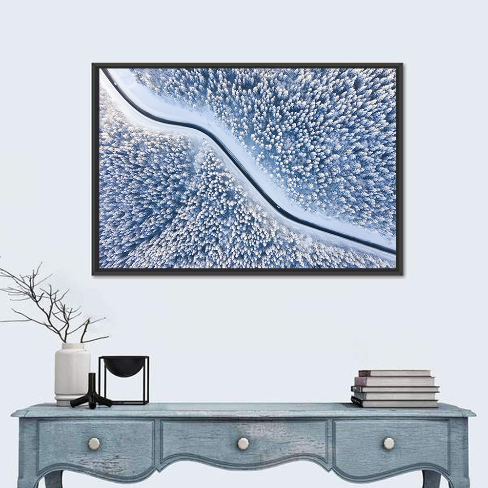 Winding Snowy Forest Road Wall Art in a room, landscape