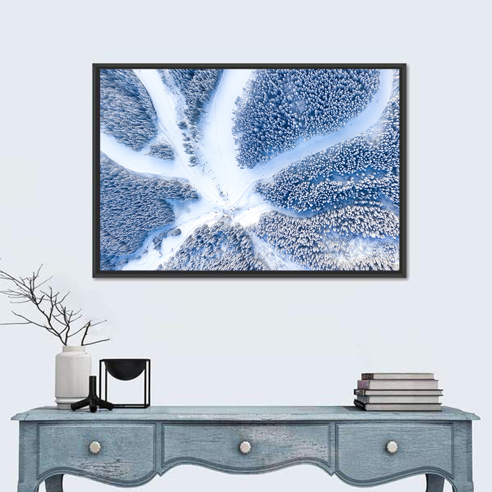 Birds-eye Ski Resort Landscape Wall Art in a room, landscape