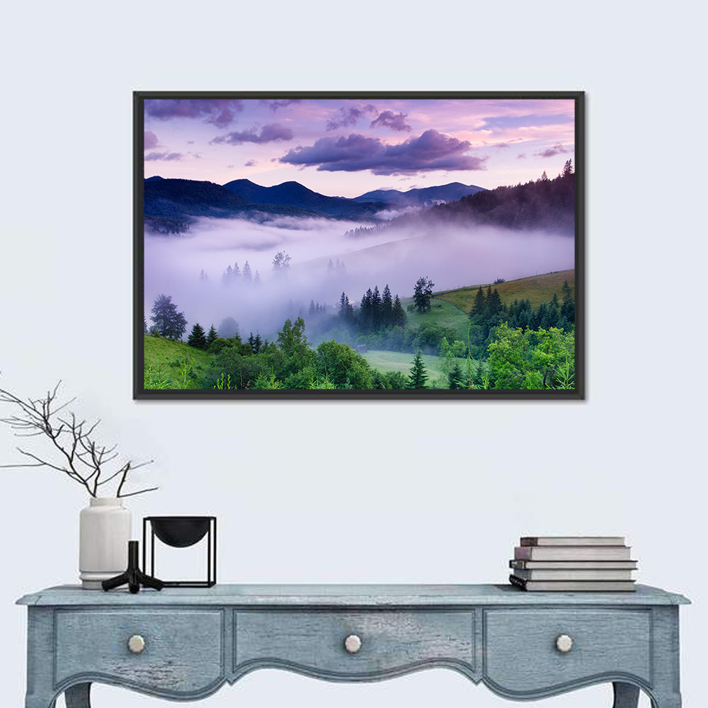 Misty Mountain Valley at Twilight Wall Art in a room, landscape
