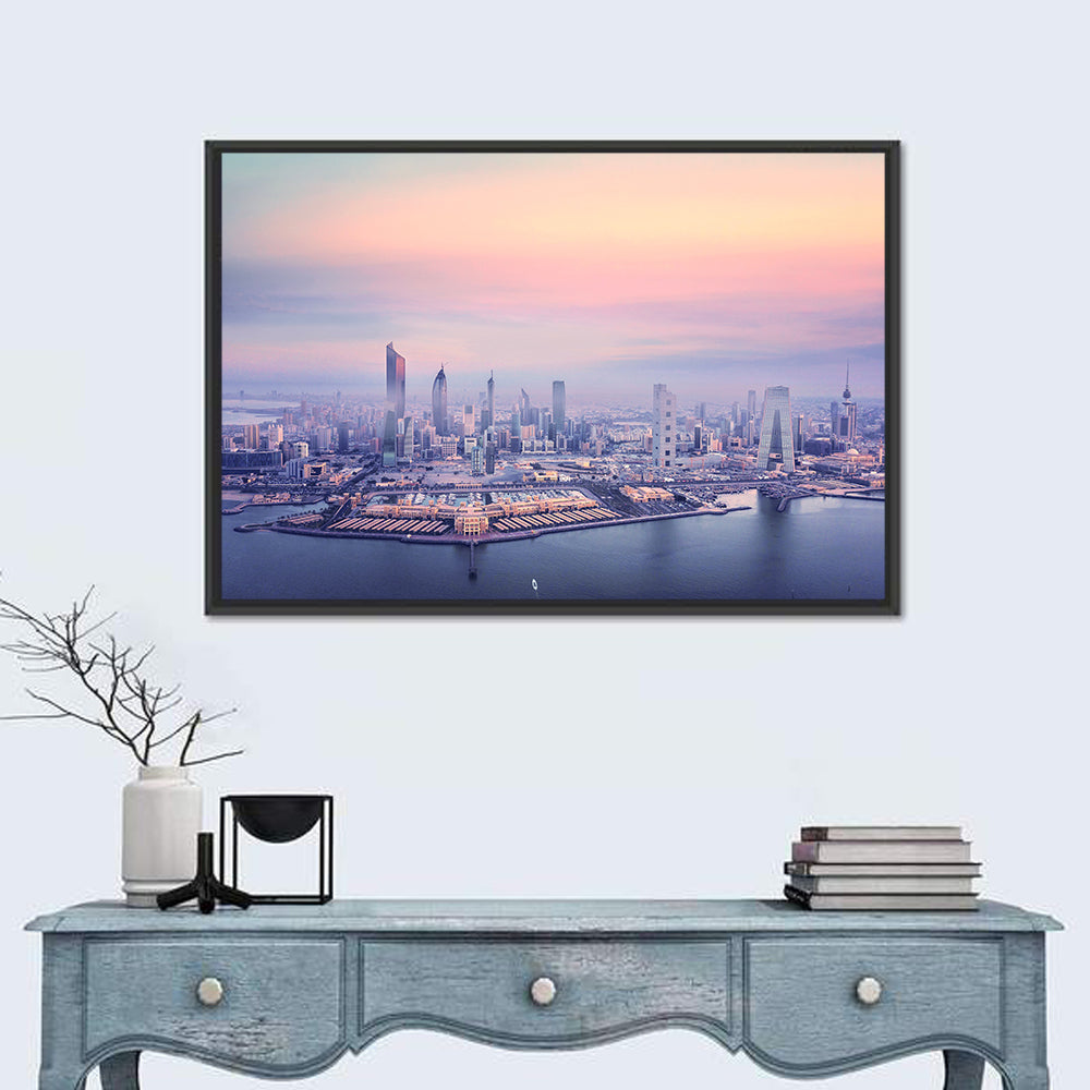 Kuwait City Twilight Skyline Wall Art in a room, landscape