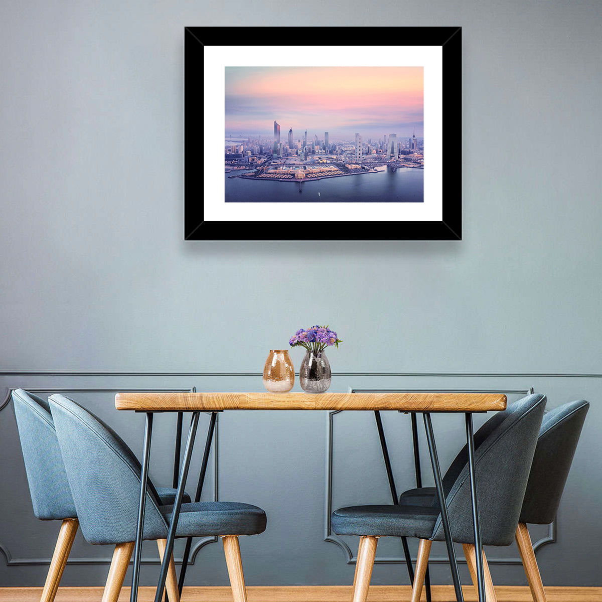 Kuwait City Twilight Skyline Wall Art in a room, landscape