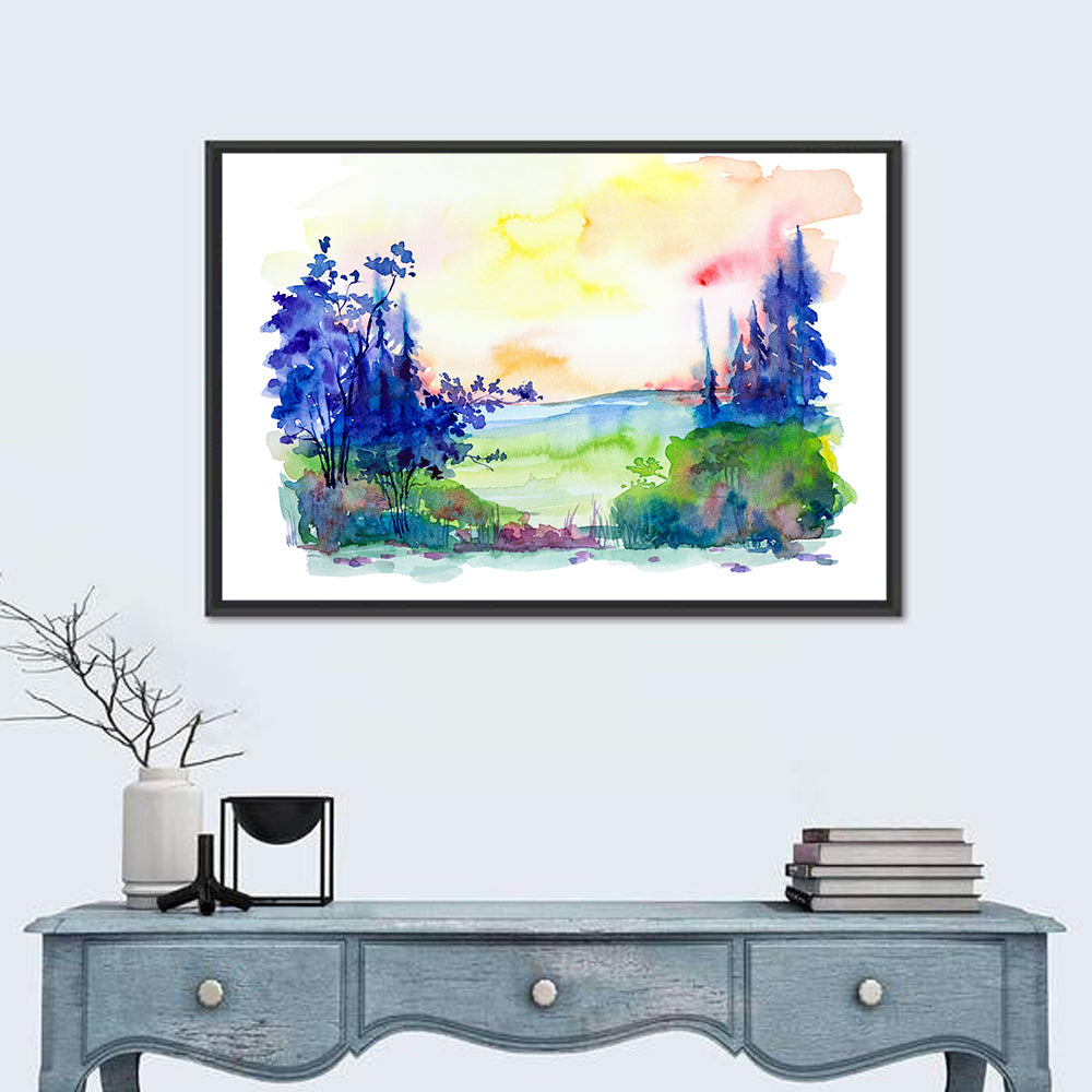 Sunrise Over Summer Forest Wall Art in a room, landscape