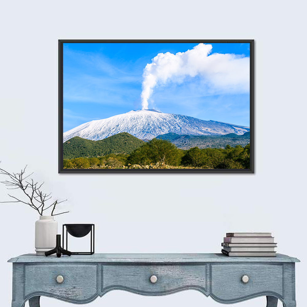 Snow-capped Mount Etna with Volcanic Plume Wall Art in a room, landscape