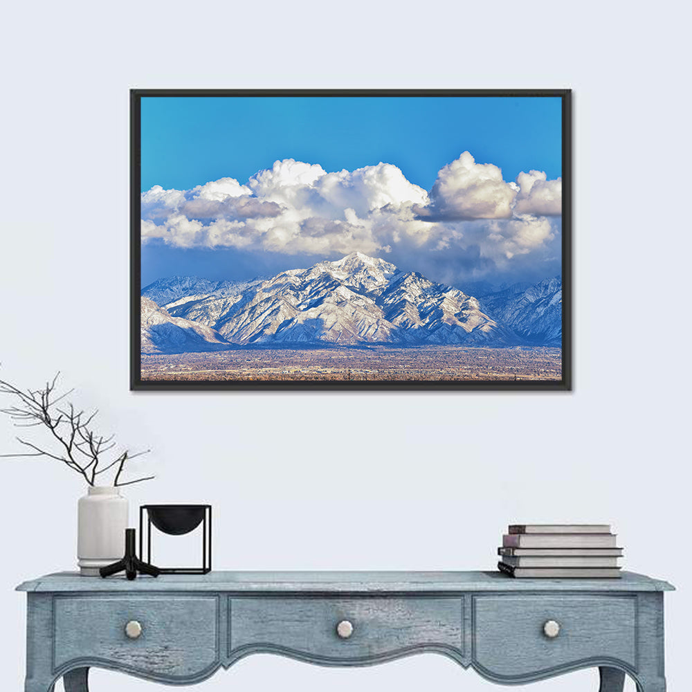 Wasatch Snow Capped Peaks Wall Art in a room, landscape