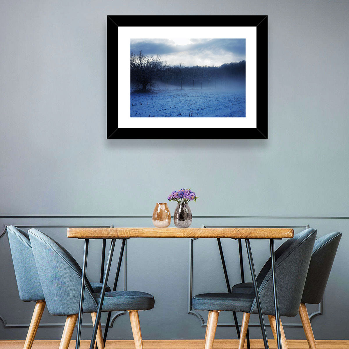 Snowy Italian Countryside Wall Art in a room, landscape
