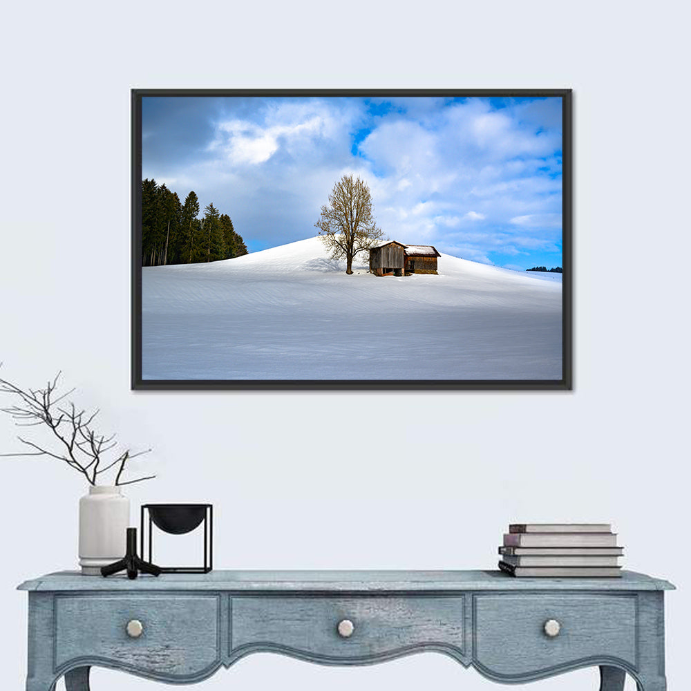 Rustic Barn on a Snowy Hill Wall Art in a room, landscape