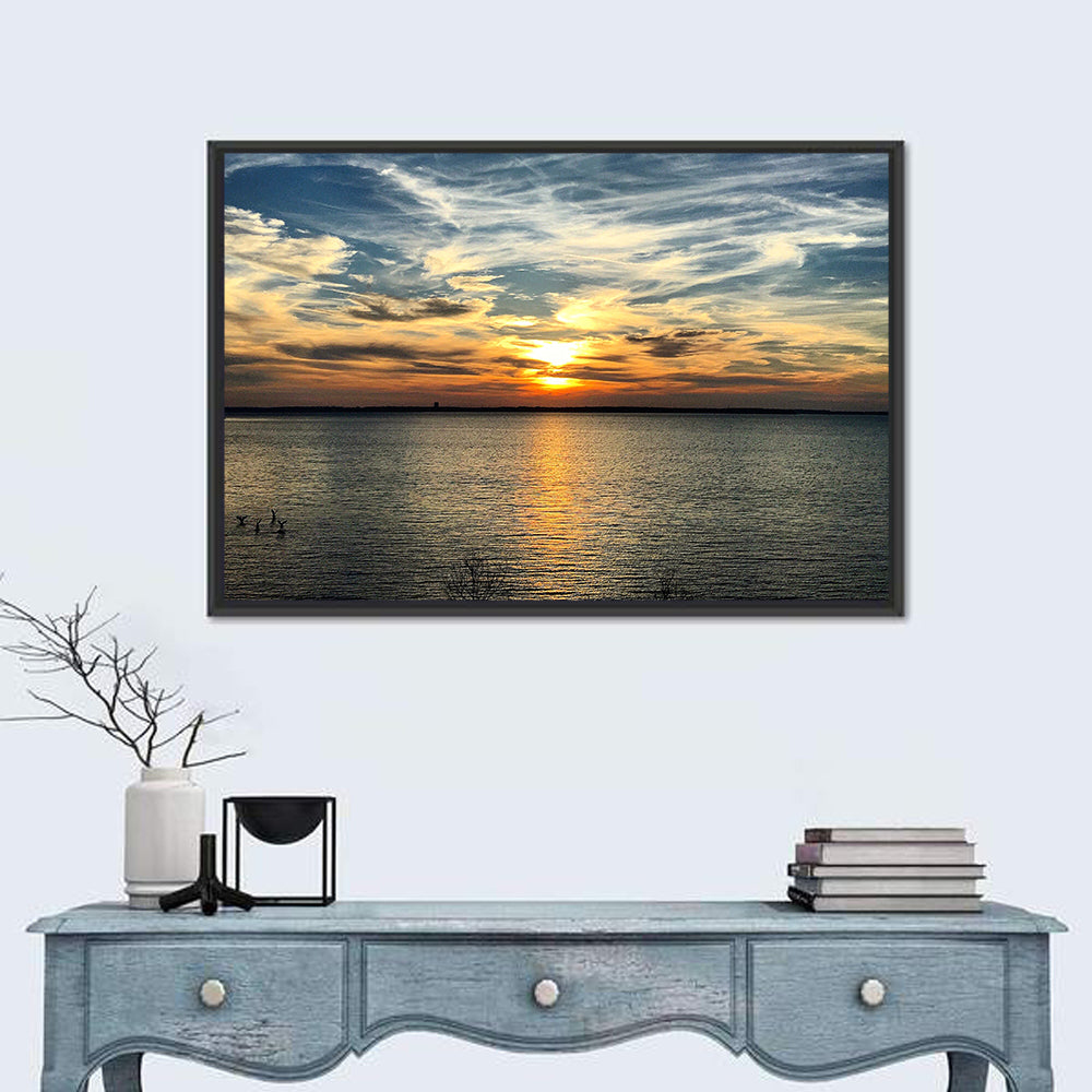 Texoma Lake Sunset Wall Art in a room, landscape