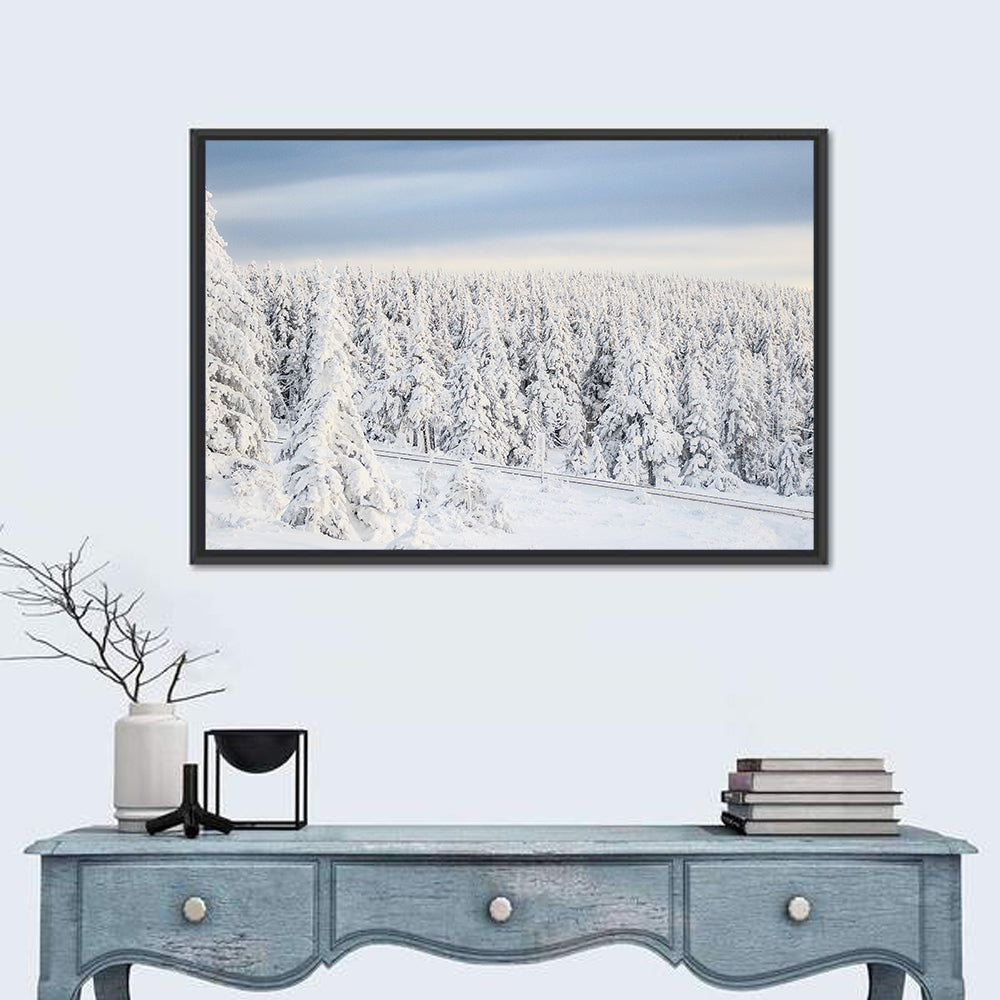 Snowy Forest Railway Tracks Wall Art in a room, landscape