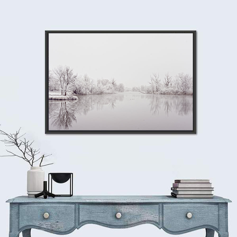 Frozen River Reflection in Winter Fog Wall Art