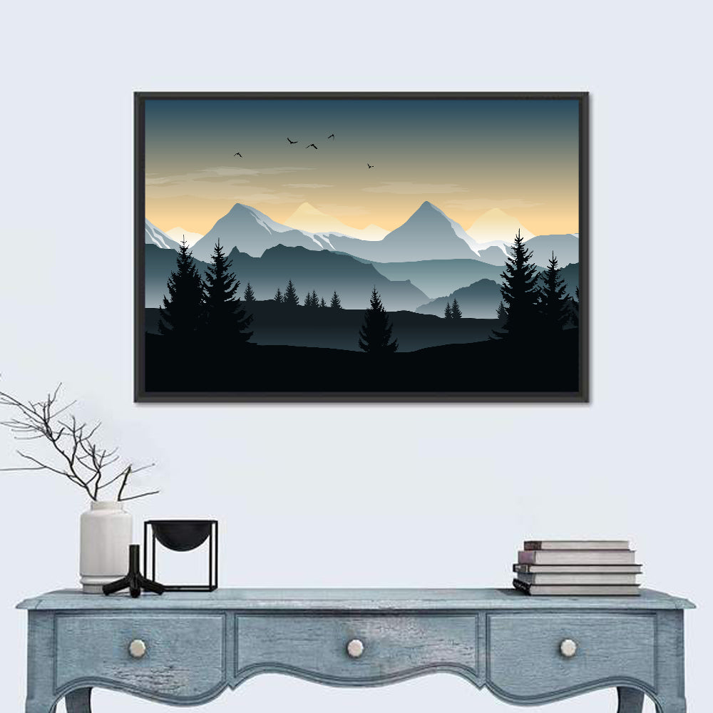 Misty Hills Sunset Silhouette Wall Art