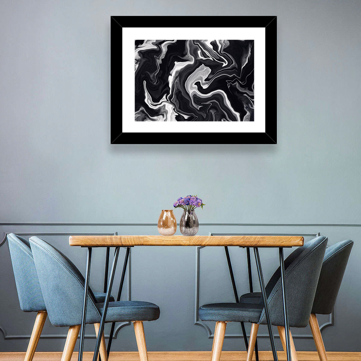 Flowing Black Marble Abstract Wall Art in a room, landscape