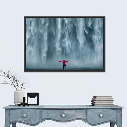 Skogafoss Waterfall with Figure in Pink Wall Art