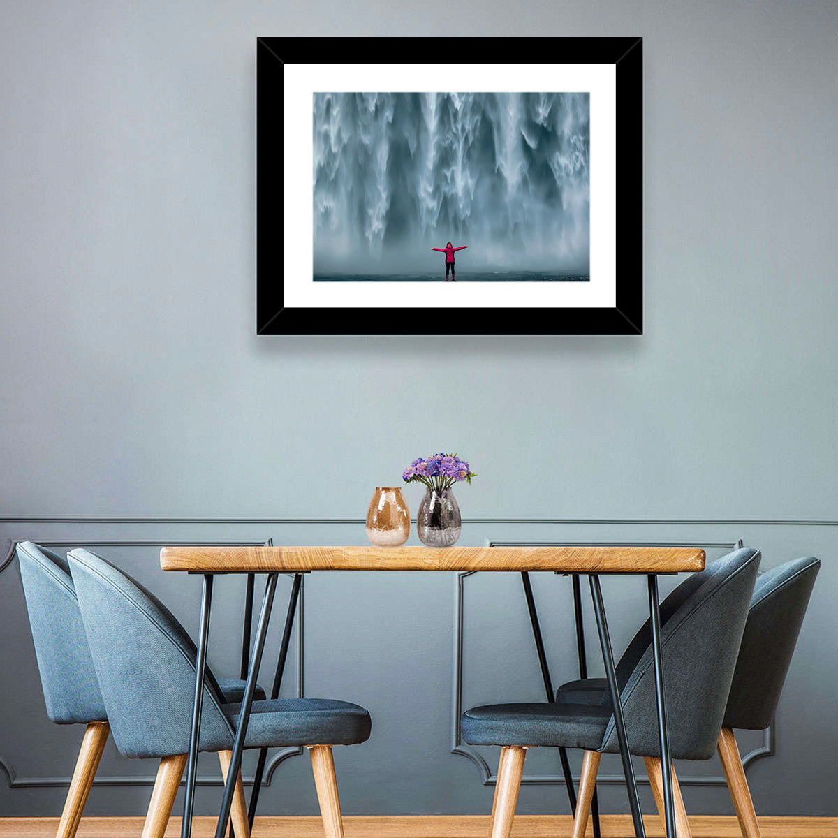 Skogafoss Waterfall with Figure in Pink Wall Art