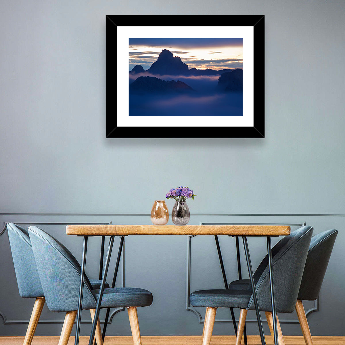 Dolomites Sunrise Silhouette Wall Art in a room, landscape