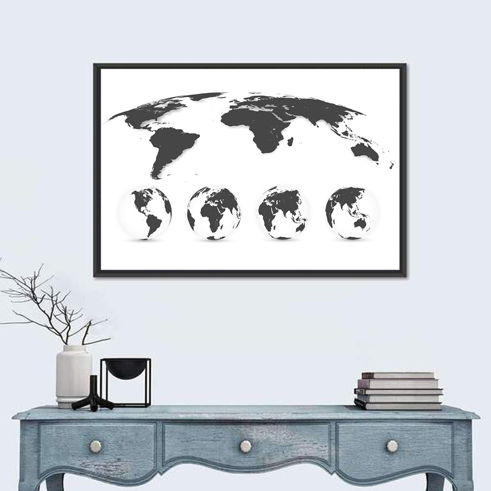 Stylized World Map and Globe Icons Wall Art