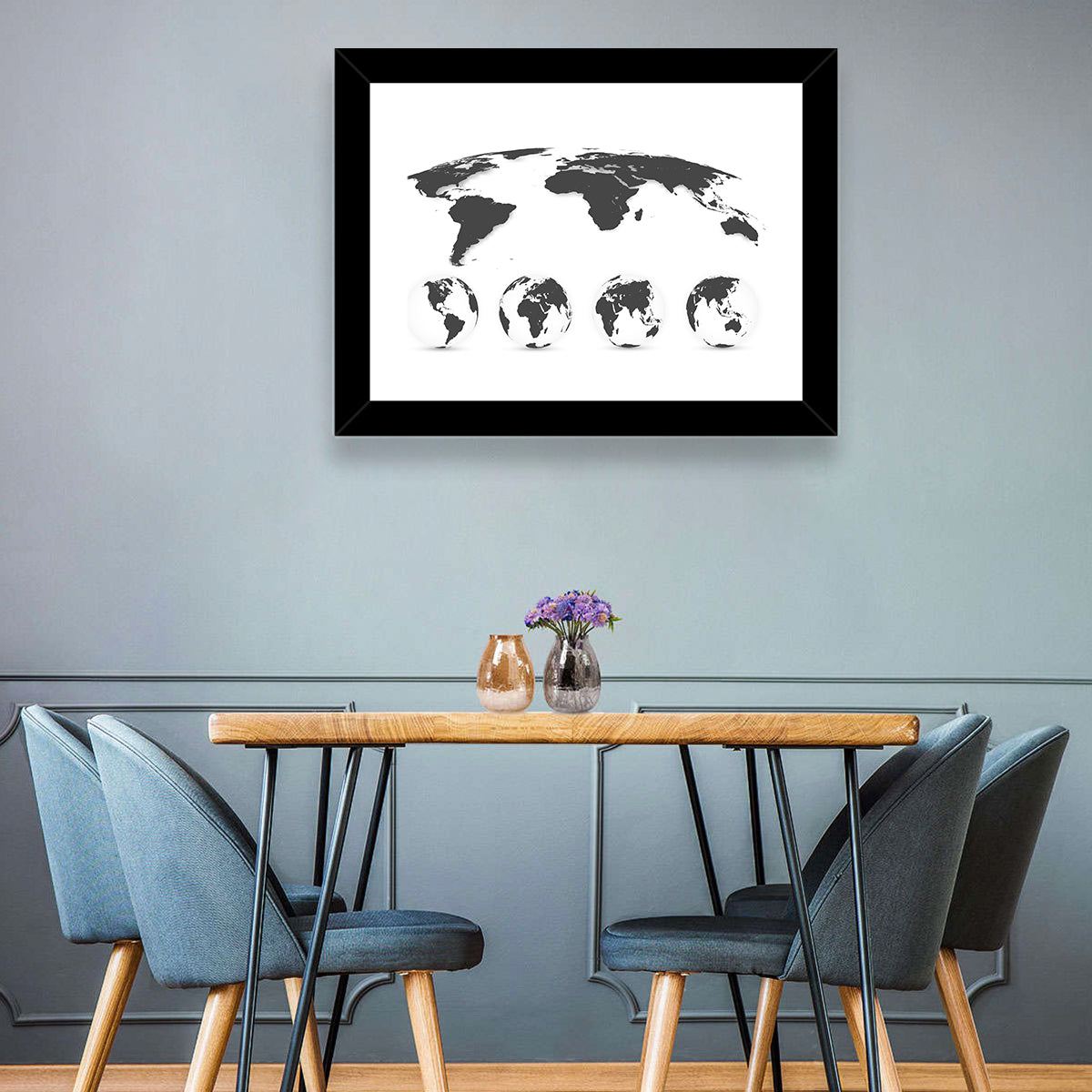 Stylized World Map and Globe Icons Wall Art