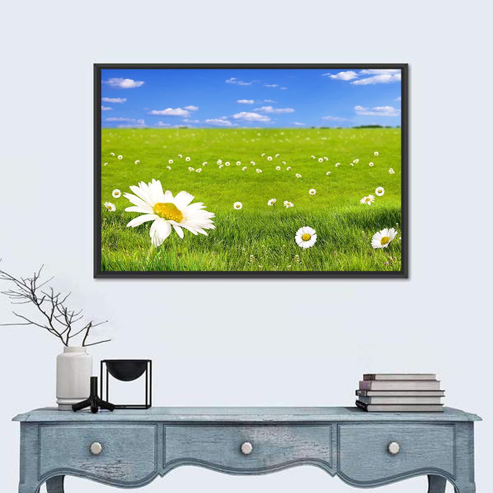 Spring Daisy Meadow Wall Art in a room, landscape