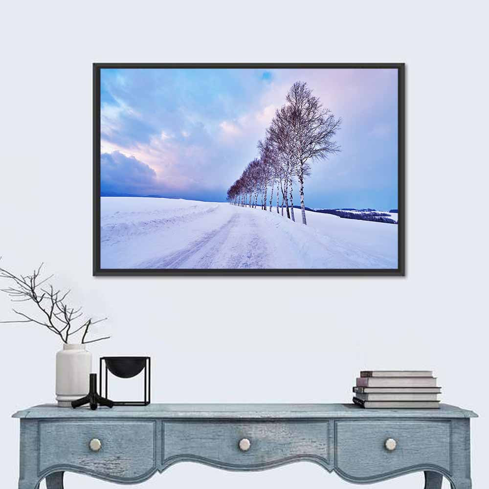 Snowy Birch Road in Hokkaido Wall Art in a room, landscape