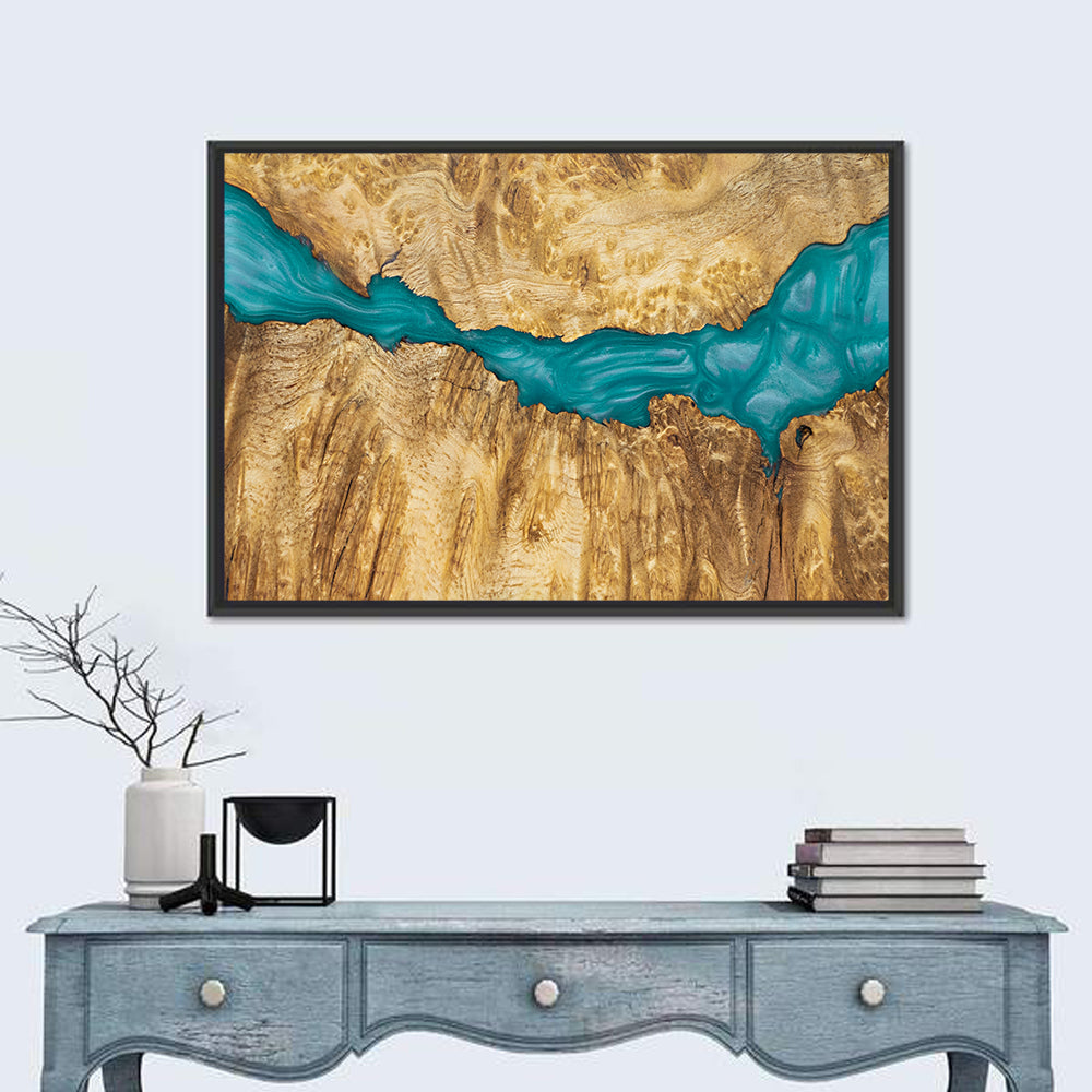 Burled Wood River with Teal Resin Wall Art in a room, landscape