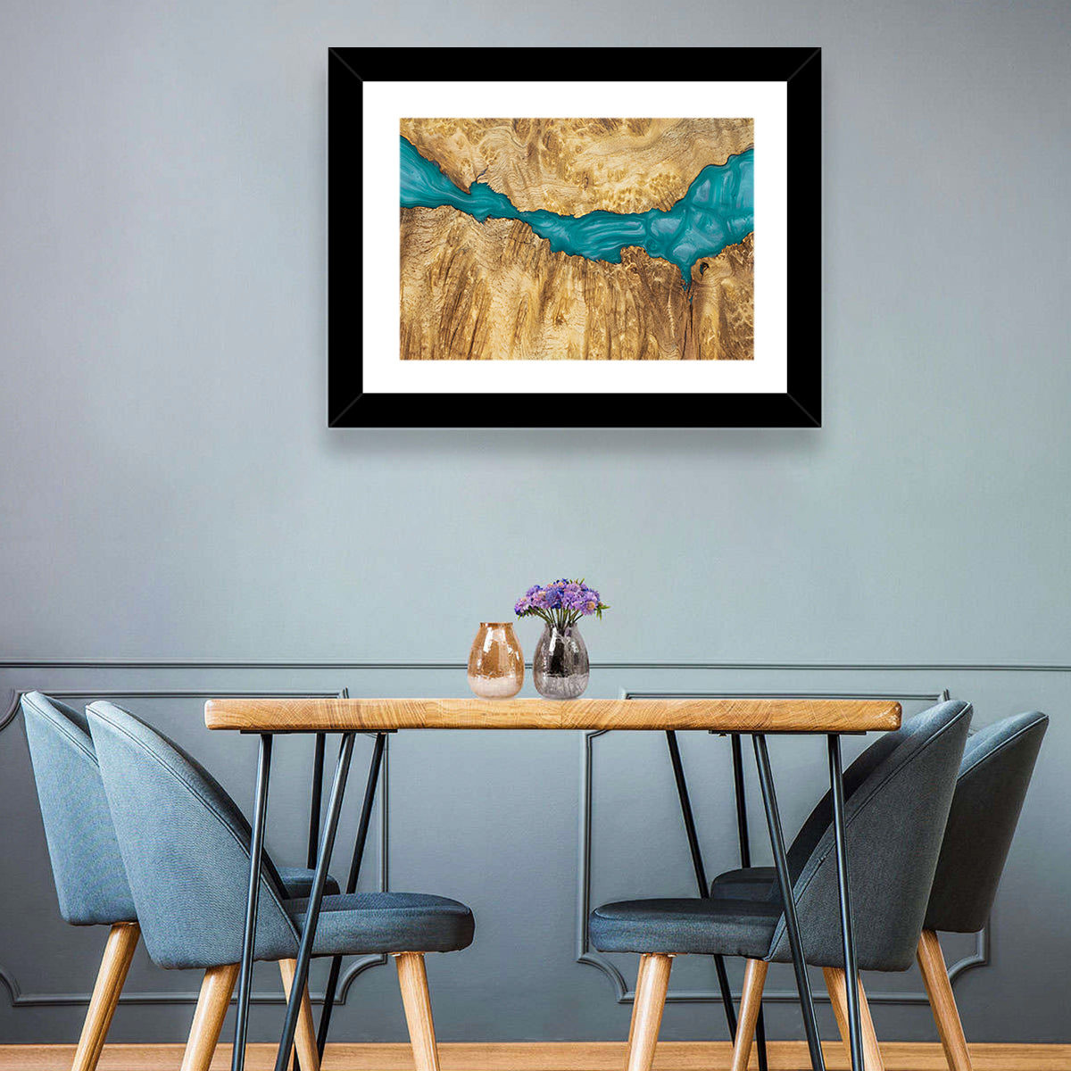 Burled Wood River with Teal Resin Wall Art in a room, landscape