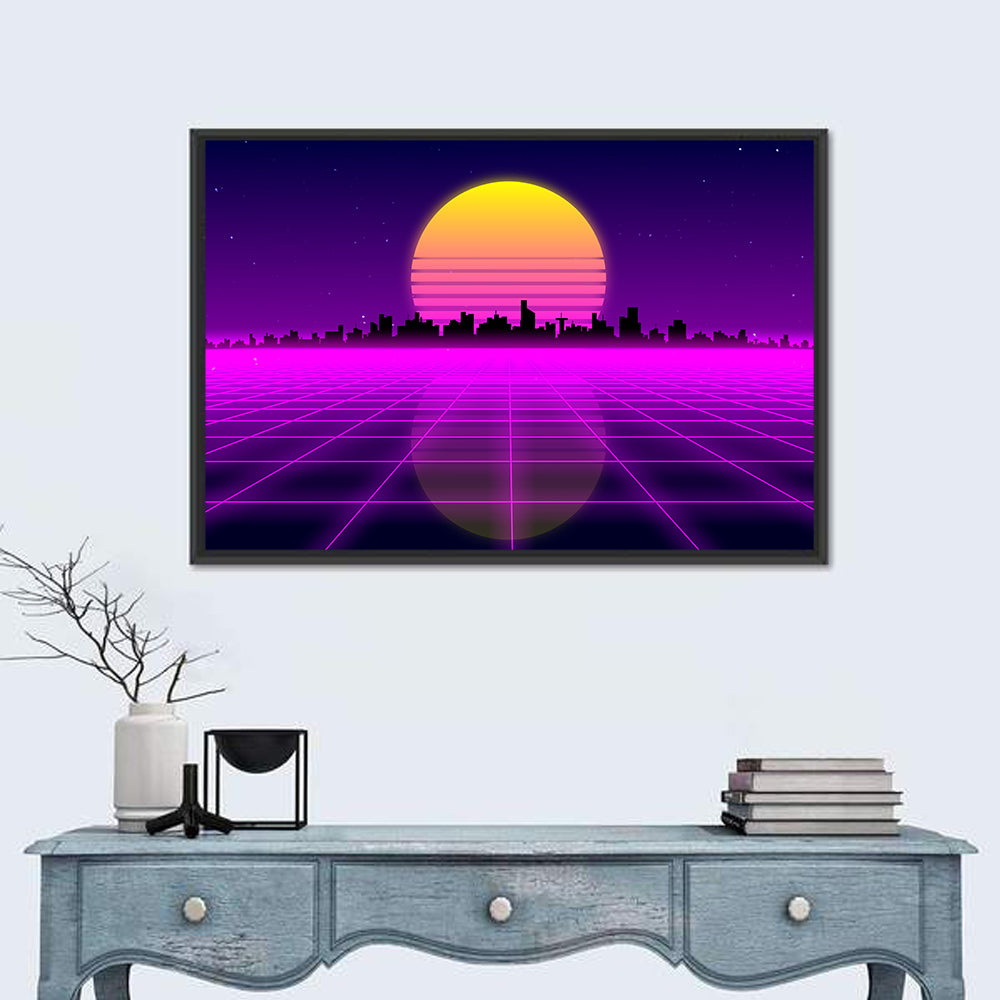 Neon Sunrise Skyline Wall Art in a room, landscape