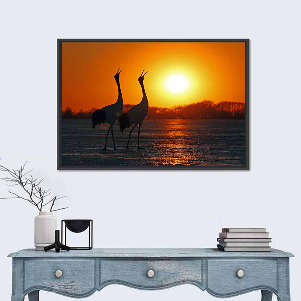 Red Crowned Cranes at Sunset Wall Art