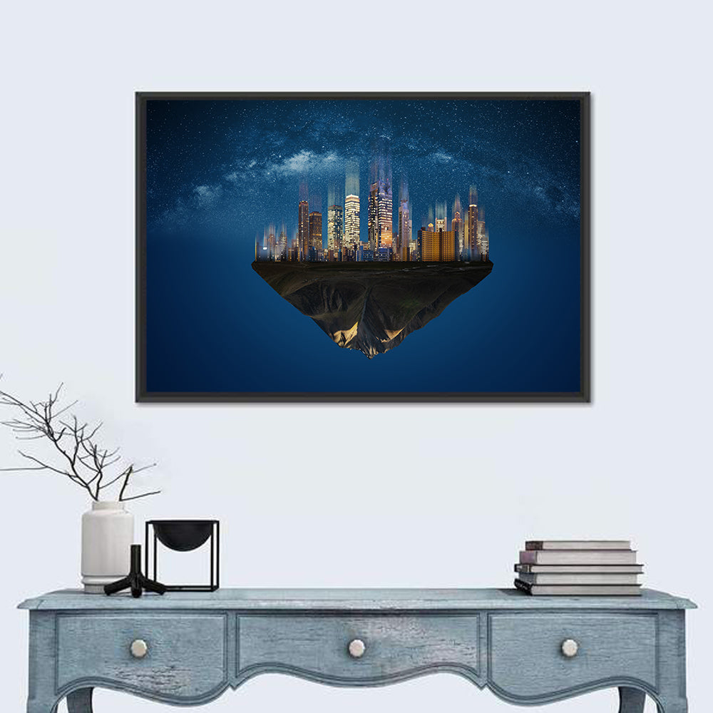 Floating City Island Wall Art in a room, landscape
