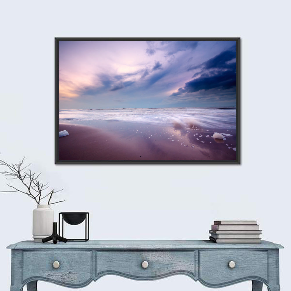 Purple Night Beach Wall Art in a room, landscape