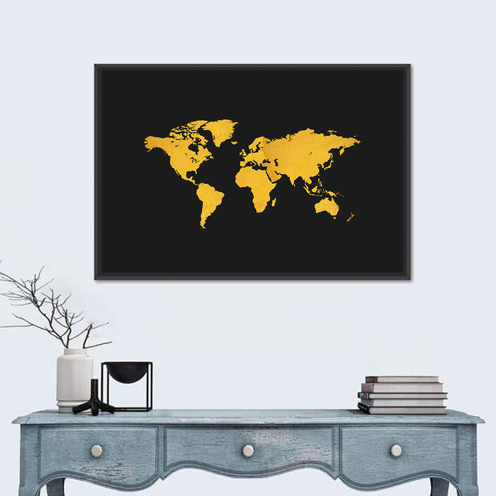 Gold Texture World Map Wall Art in a room, landscape