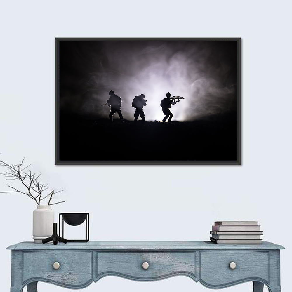 Three Soldiers Silhouette in Fog Wall Art