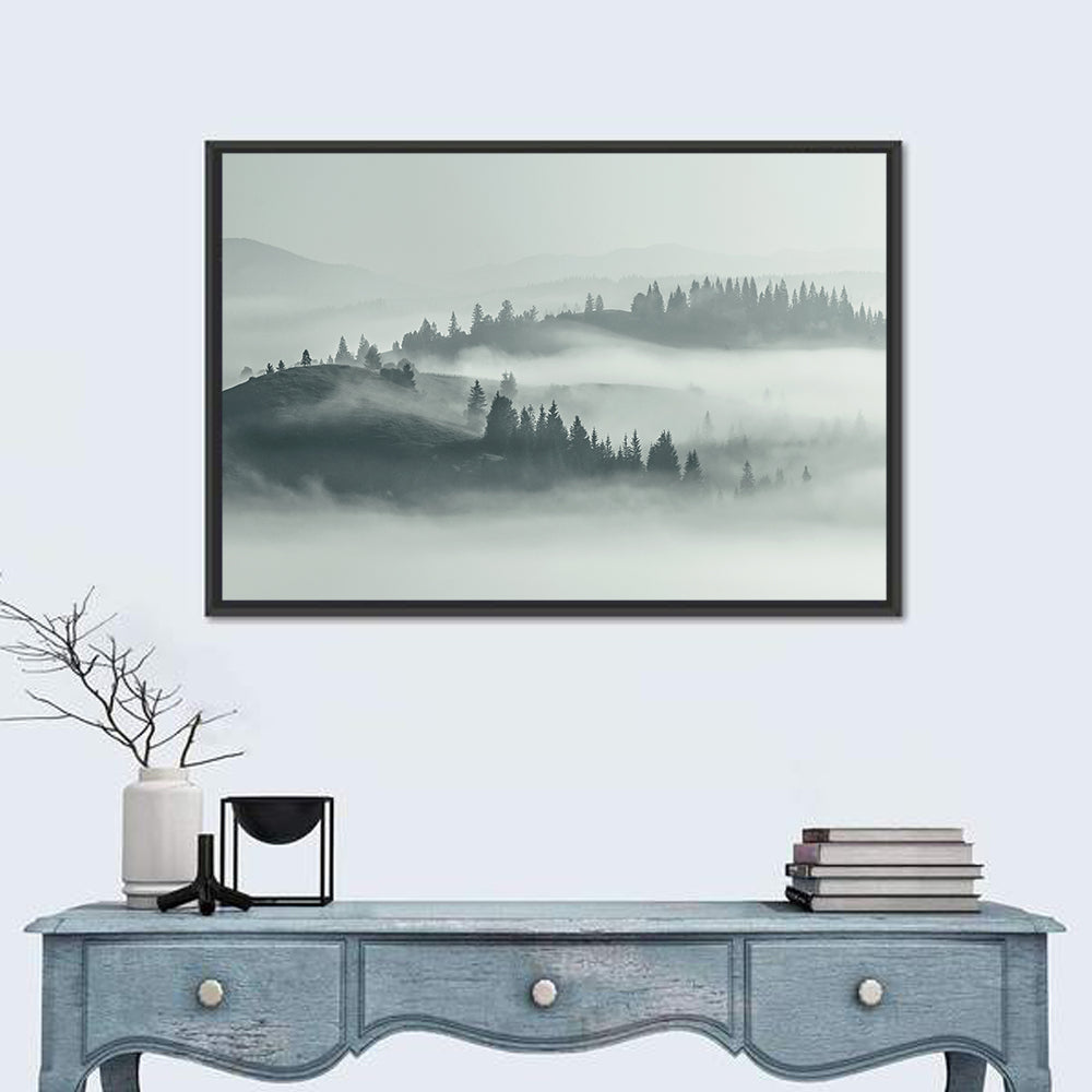 Carpathian Morning Mist Wall Art in a room, landscape
